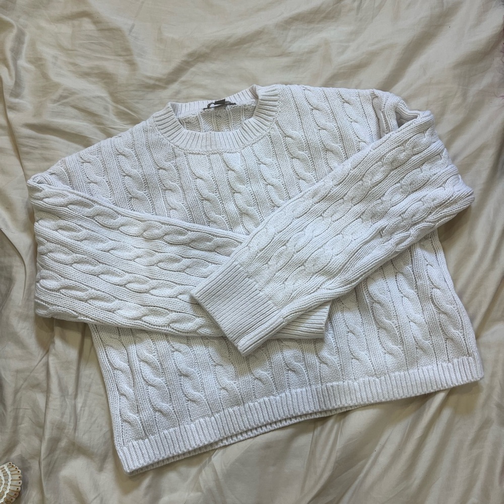 J. Crew White Cable Knit Crewneck Sweater